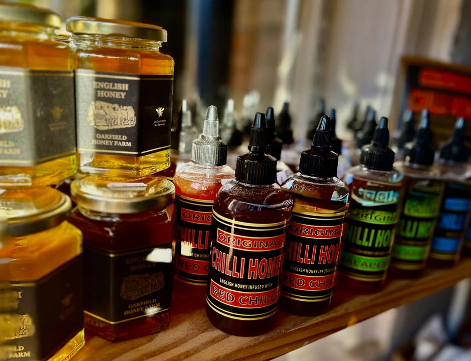 Honeys and cooking sauces available from Padbury Meats butcher and game dealer with a well stocked deli
